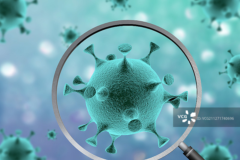 放大镜下的病毒细胞,3d渲染图图片素材