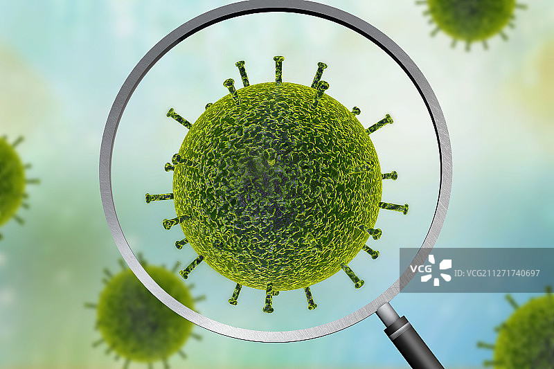 放大镜下的病毒细胞,3d渲染图图片素材