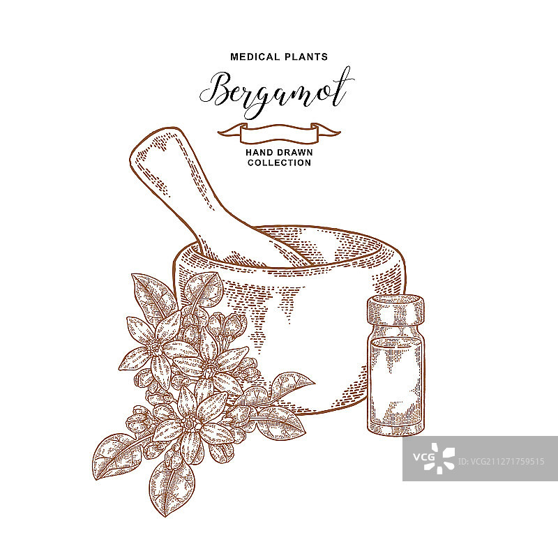 香柠檬花、研钵和玻璃瓶图片素材