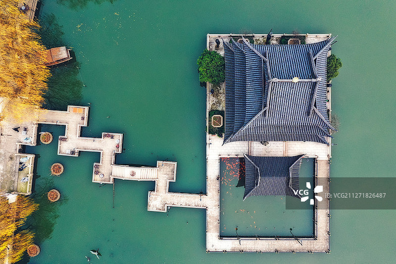 阁中观鱼+浙江省湖州市南浔区南浔镇文园图片素材