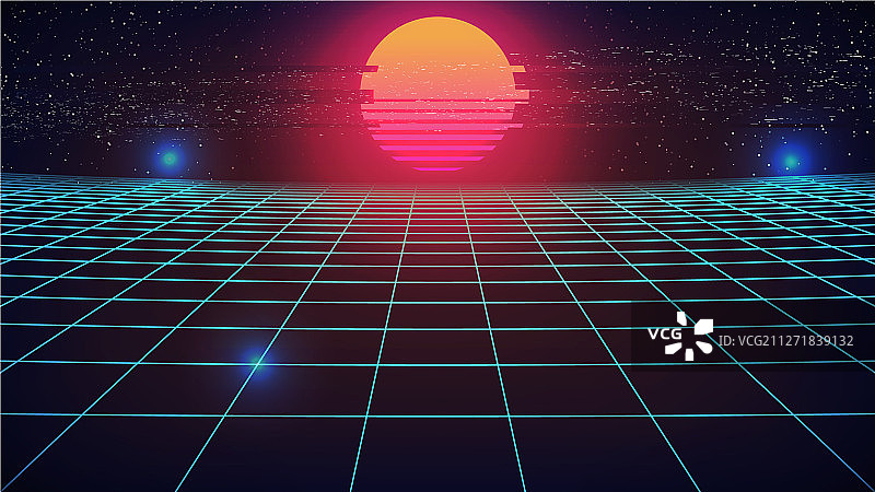 合成波日落蓝色透视网格背景图片素材