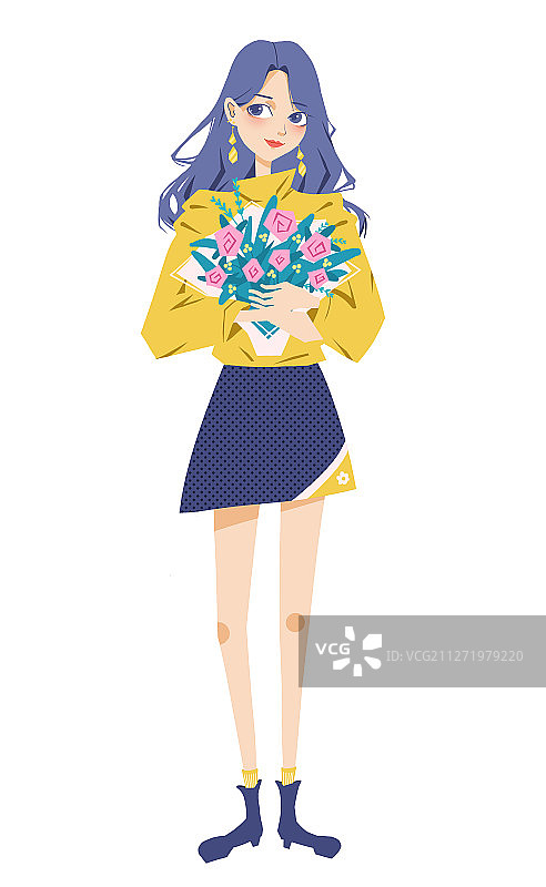 抱着花朵的女孩漫画人物设计插画图片素材