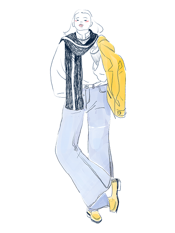 戴围巾的牛仔裤酷女孩插画元素图片素材