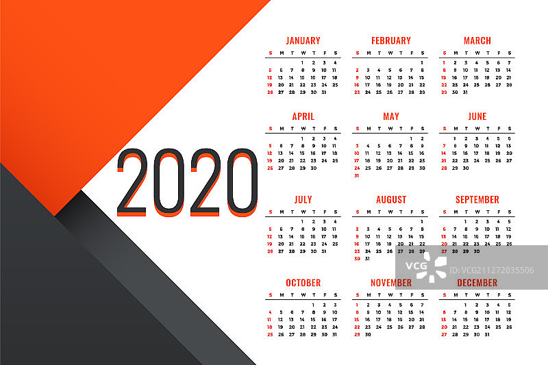 带有文字的干净的2020新年日历设计图片素材