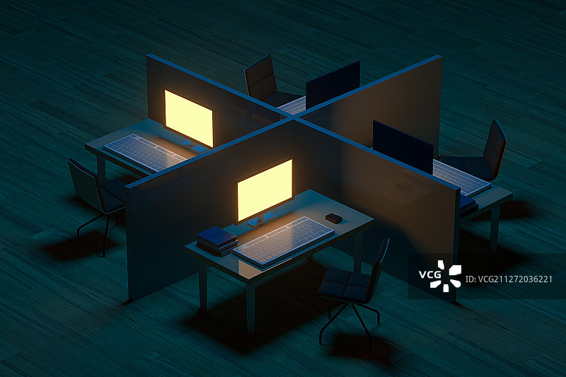 夜晚办公室室内场景 三维渲染图片素材