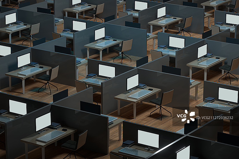 排列整齐的办公室室内场景 三维渲染图片素材