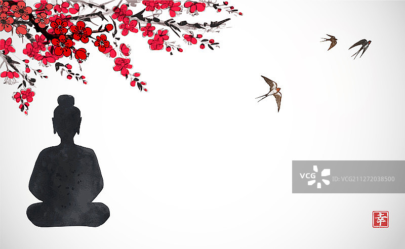 樱花树下的佛像剪影图片素材