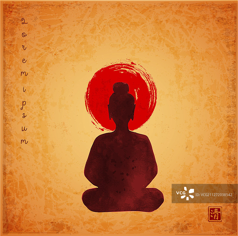 佛像与红色太阳的复古剪影图片素材