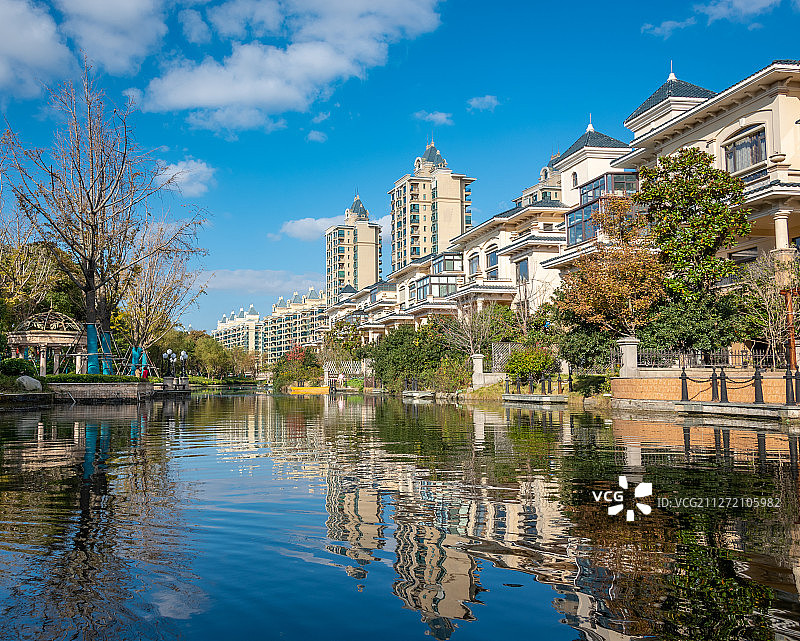 蓝天白云下，南通启东新建的欧式住宅区和倒影图片素材