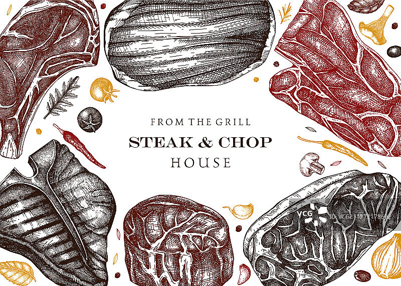 生牛肉牛排菜单模板肉类俯视框架图片素材