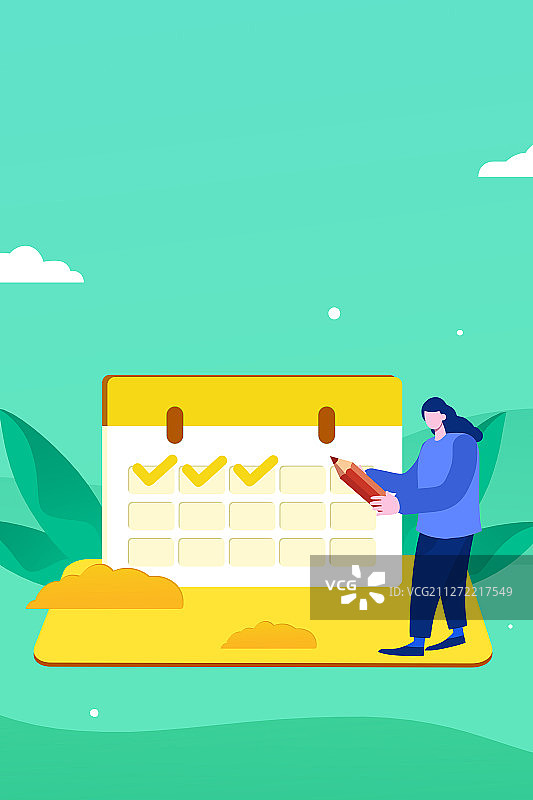 卡通手绘人物拿笔打卡记录插画图片素材