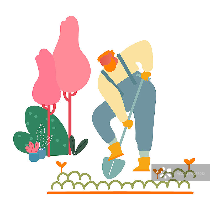穿工作服的农妇在花园里挖掘图片素材
