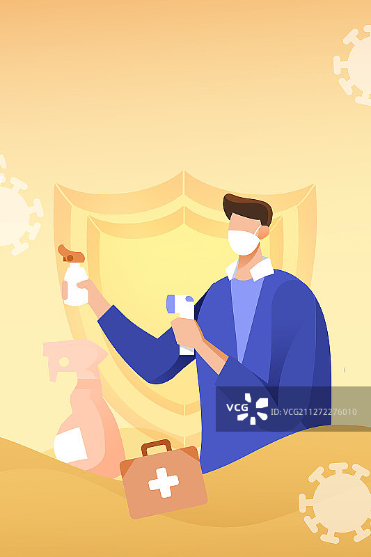 卡通戴口罩男人喷洒酒精测体温插画图片素材