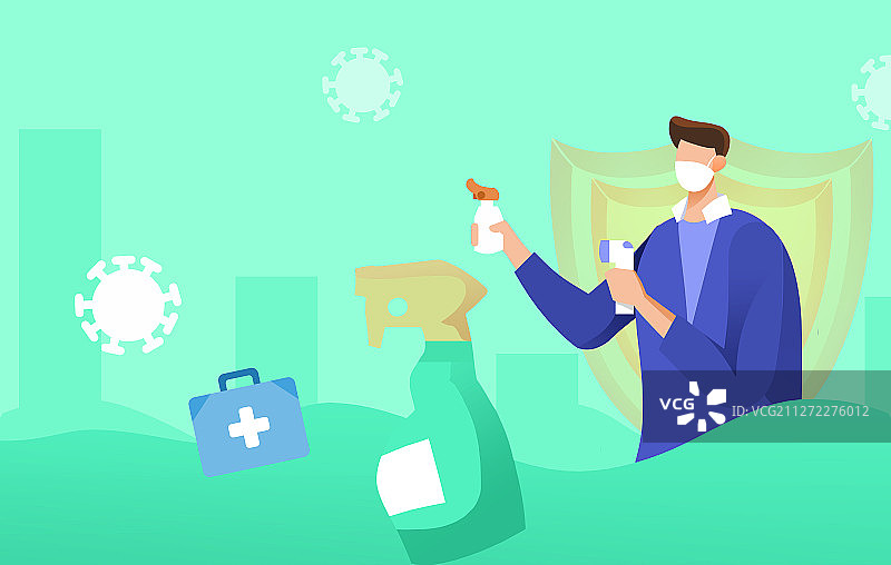 卡通戴口罩男人喷洒酒精测体温插画图片素材
