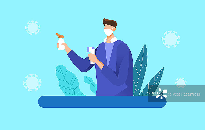卡通戴口罩男人喷洒酒精测体温插画图片素材