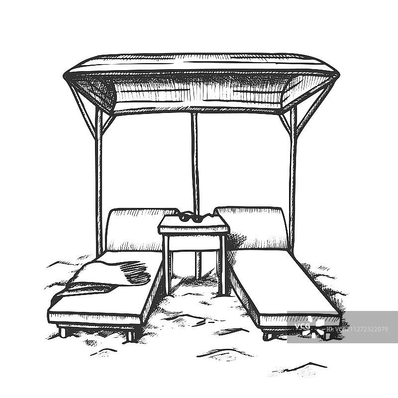 沙滩凉棚下的躺椅（复古风格）图片素材