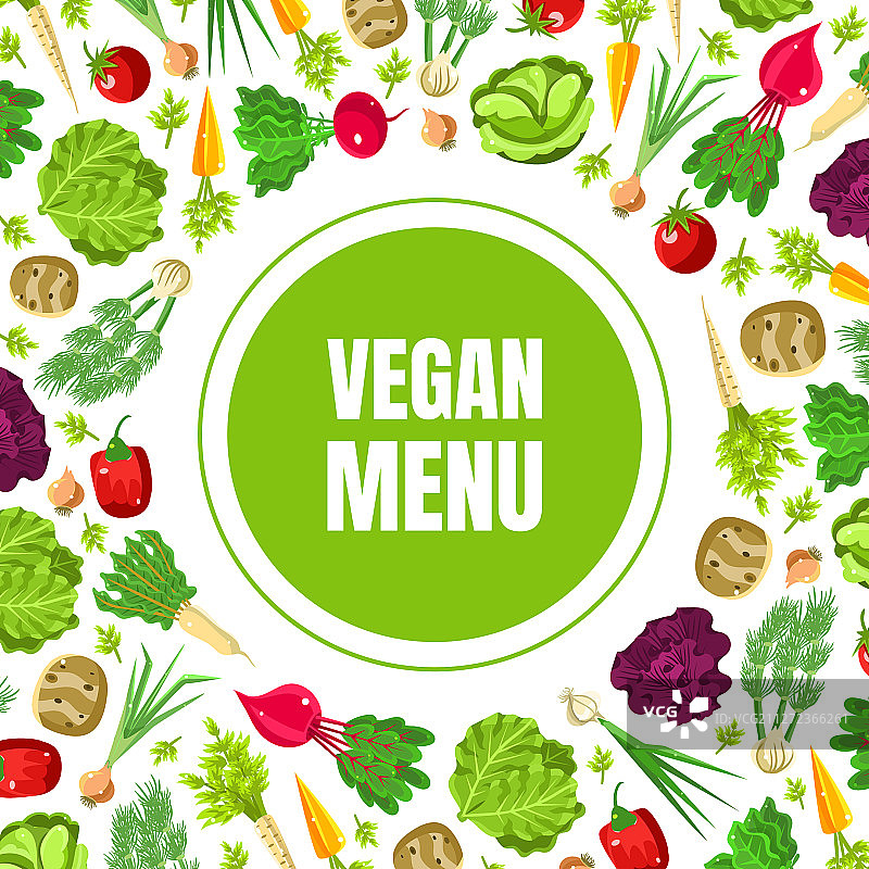 带有纯素菜单字样的绿色圆圈图片素材