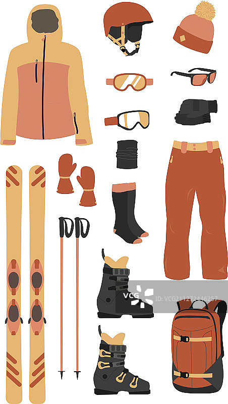 透明背景上的滑雪装备服装套件图片素材