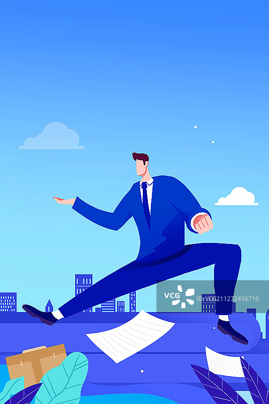 卡通蓝色西装工作人员比试姿势插画图片素材