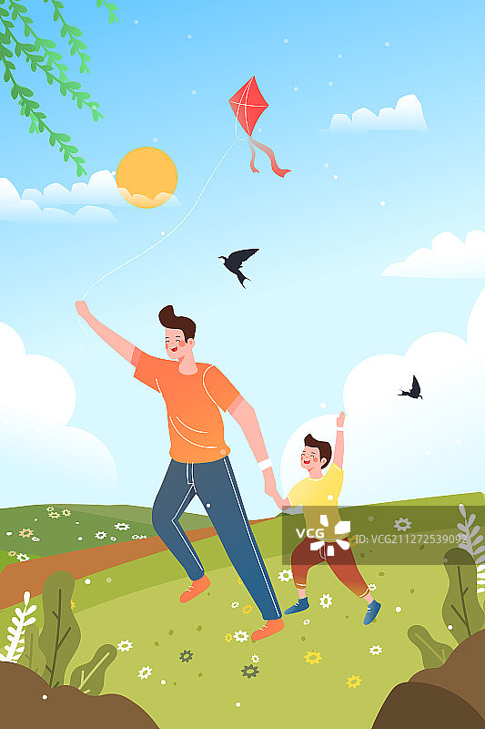 卡通春天踏青出游春分中国风背景矢量插画图片素材