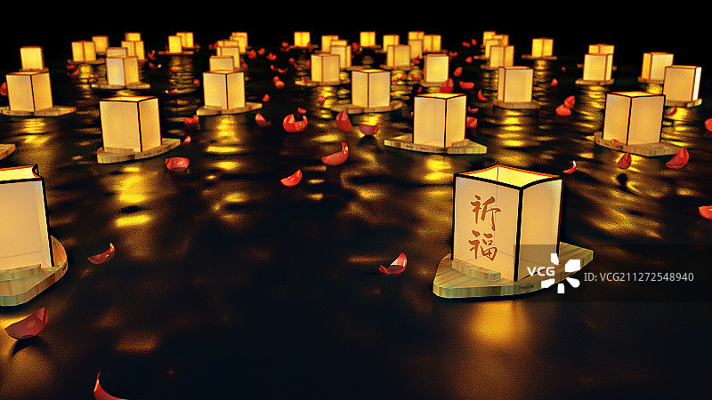 3D水中灯船图片素材