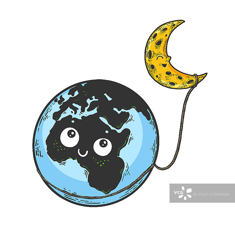 卡通地球和月亮素描雕刻图片素材