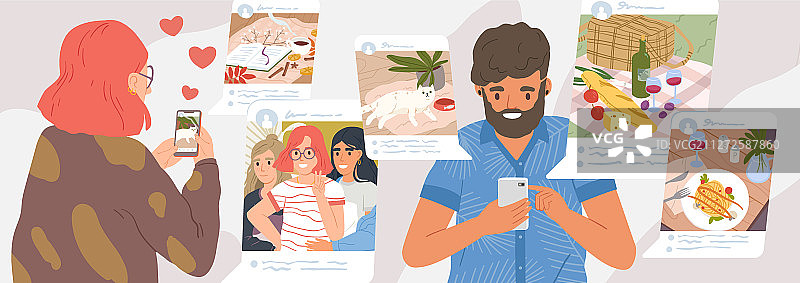 女孩和男人浏览社交网络图片素材