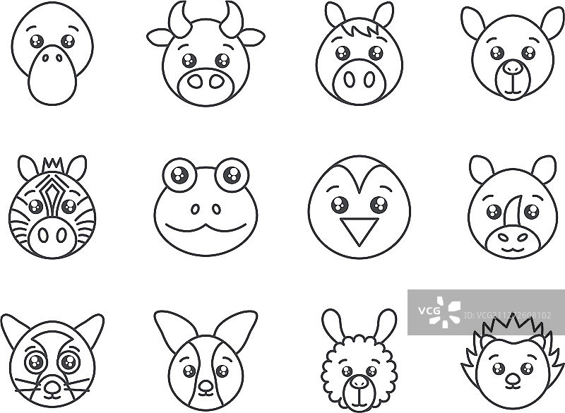 可爱动物头像卡通图标线条风格图片素材