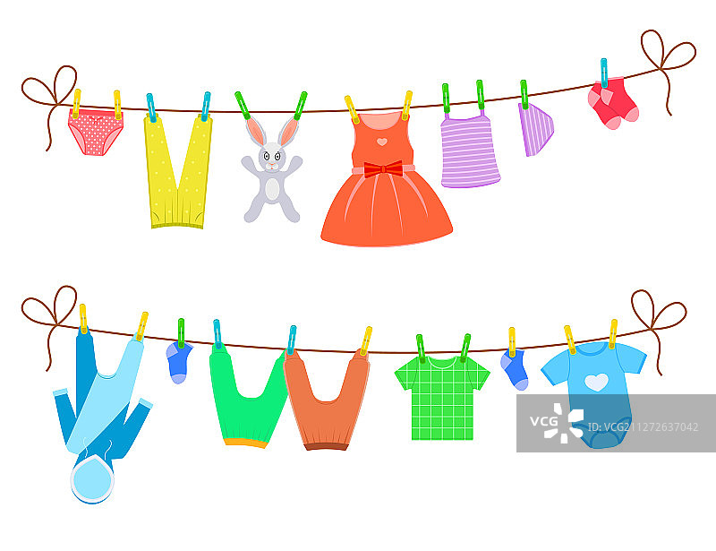 卡通彩色晾衣绳上的衣服合集图片素材