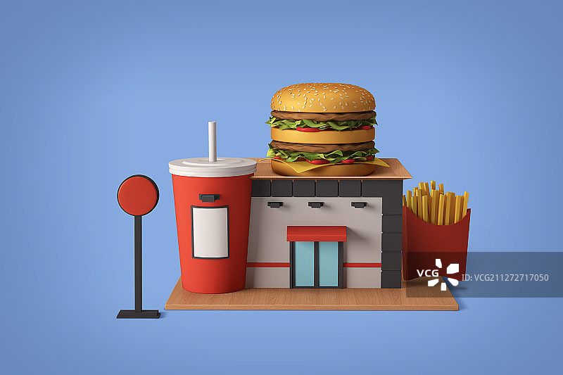 3D店铺建筑顶部带食物等距020图片素材
