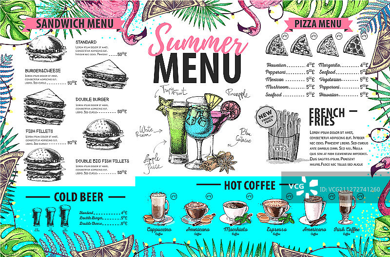 火烈鸟夏季菜单手绘设计图片素材