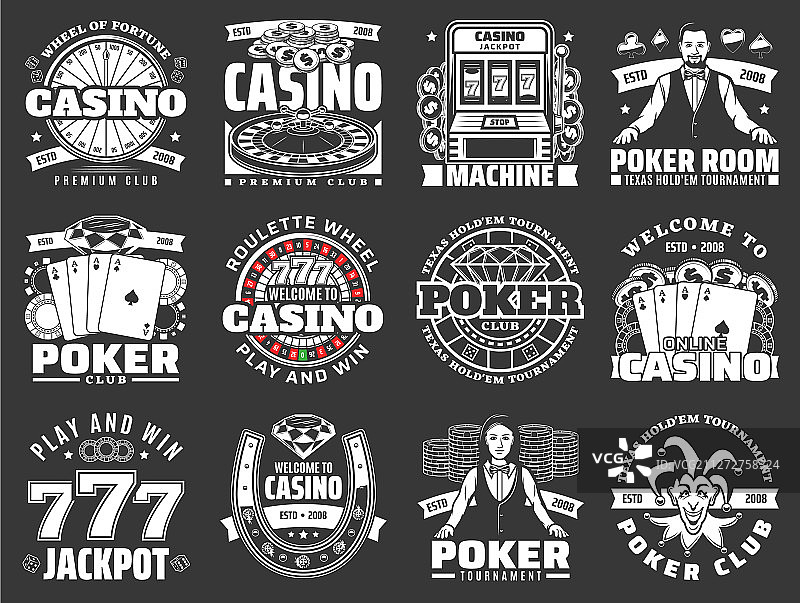 扑克俱乐部和赌场赌博游戏图标图片素材