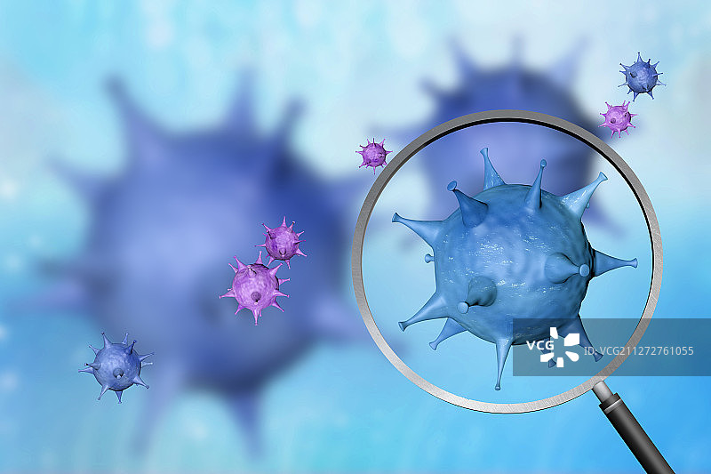 3d渲染放大镜下的病毒细胞图片素材