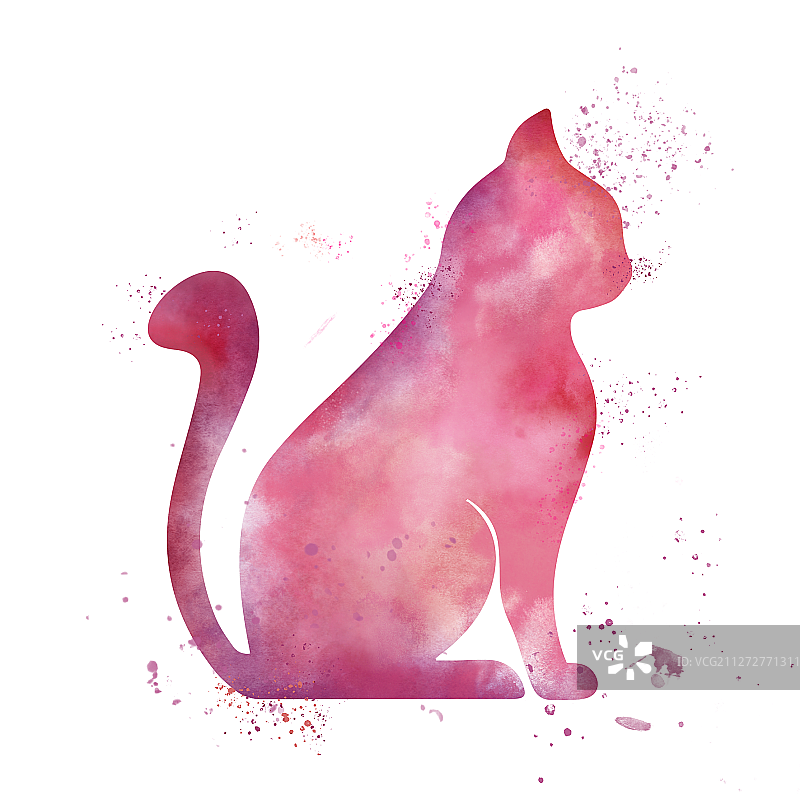元素插画PNG水彩喷溅水墨猫咪动物可爱乖巧粉色尾巴身体坐着图片素材