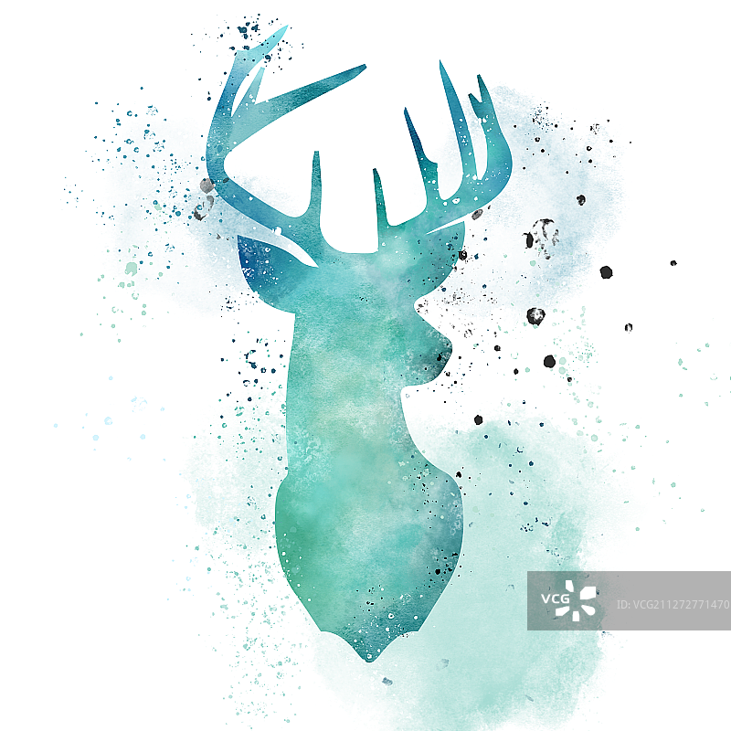 元素插画PNG水彩喷溅水墨鹿动物鹿角头嘴巴大自然生命青色蓝色图片素材