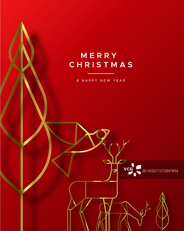 圣诞新年红色贺卡金色装饰艺术动物图片素材