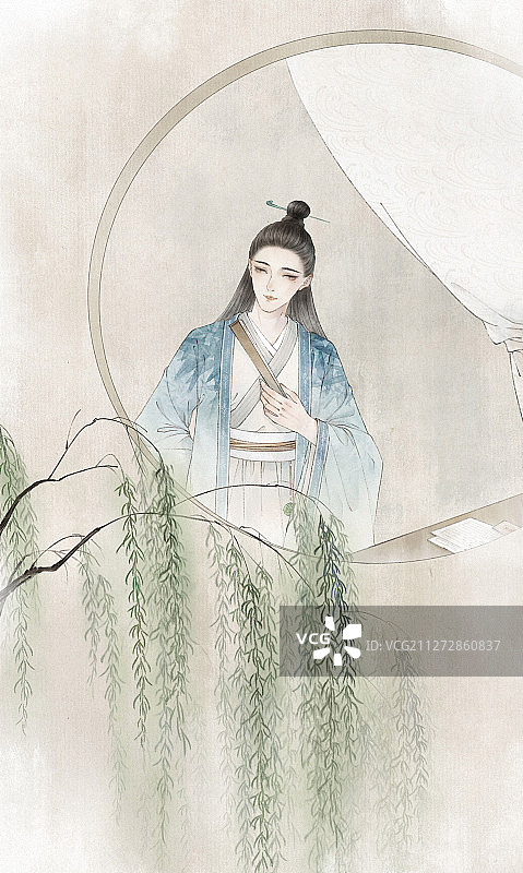 中国风古风水彩水墨人物插画插图 窗边柳图片素材