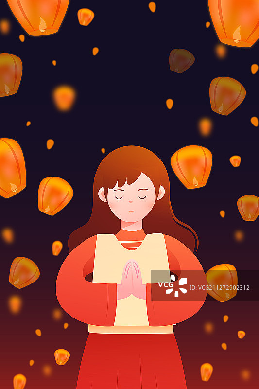 祈祷祈福少女祝福孔明灯背景矢量插画图片素材