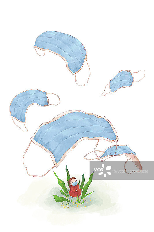 漂浮的口罩下的女孩插画竖版白底图片素材