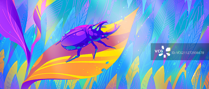 阳光下彩色叶子和独角仙的春天插画图片素材