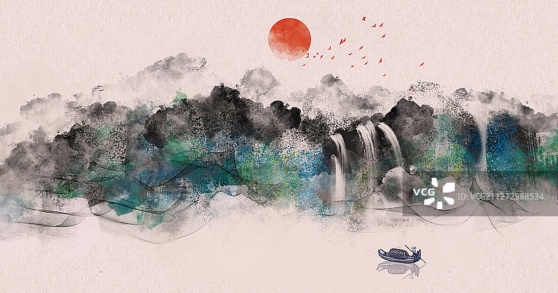 蓝色意境水墨山水画图片素材