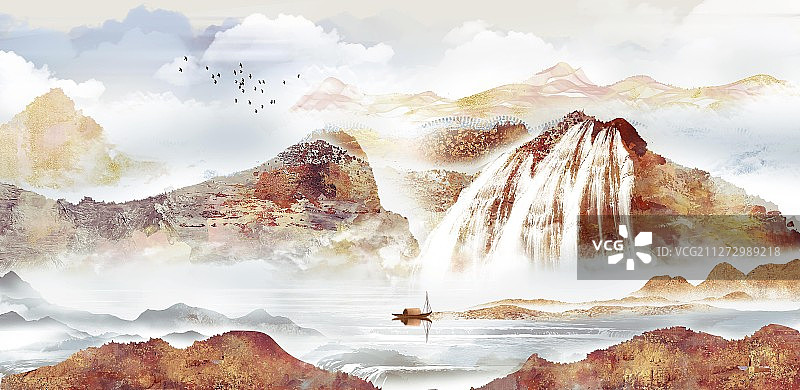 手绘中国风意境水墨山水画图片素材