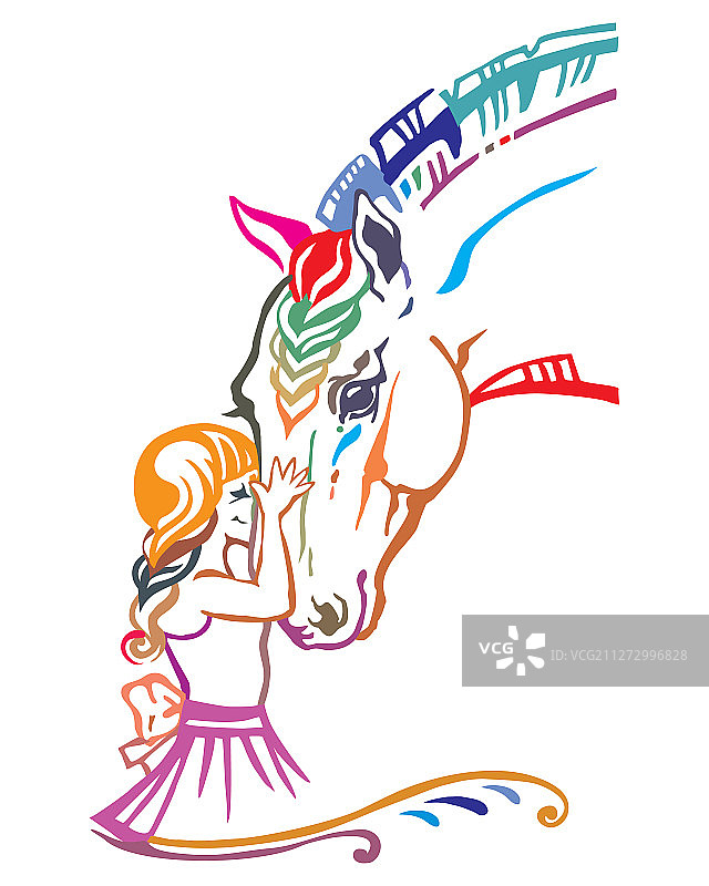 彩色女孩和马图片素材