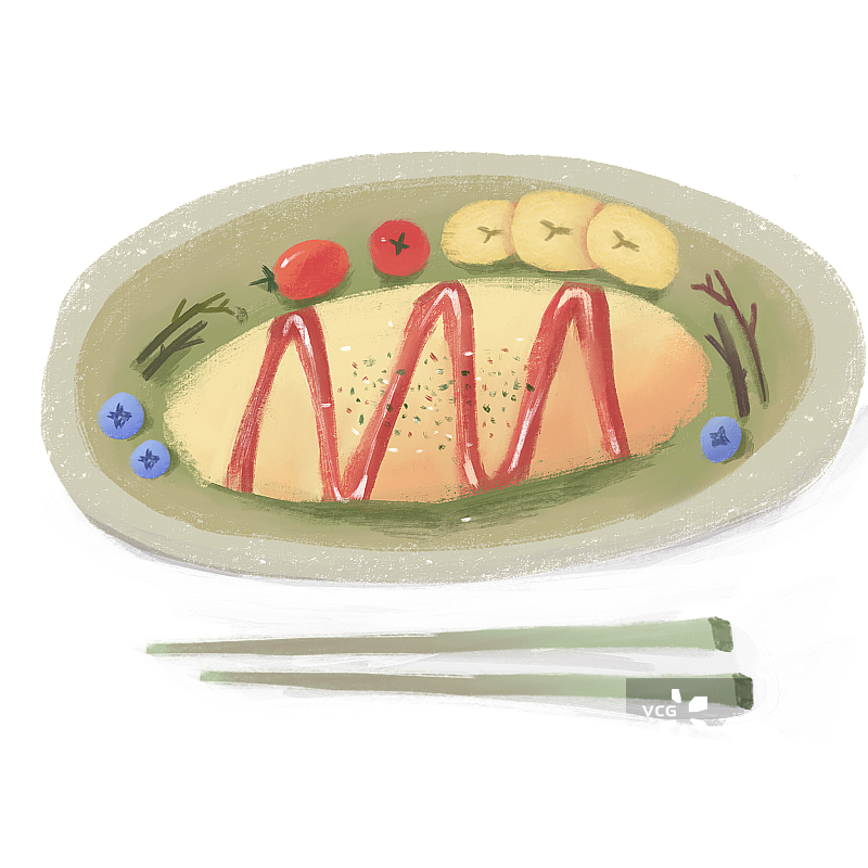 淋着番茄酱的蛋包饭食物插画元素图片素材