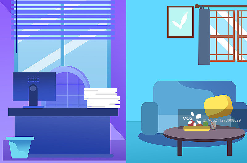 卡通办公室和家庭分割场景插画图片素材