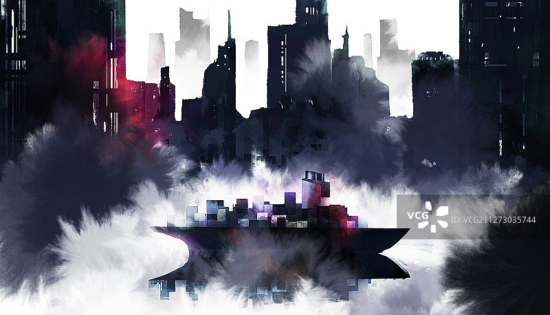 水墨贸易金融插画 水墨建筑图片素材