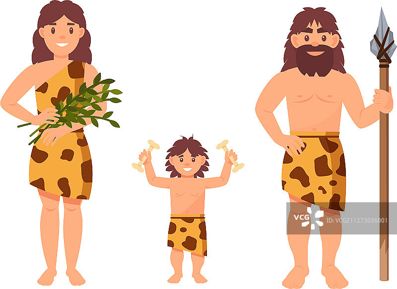 具有史前特征的穴居人家庭图片素材