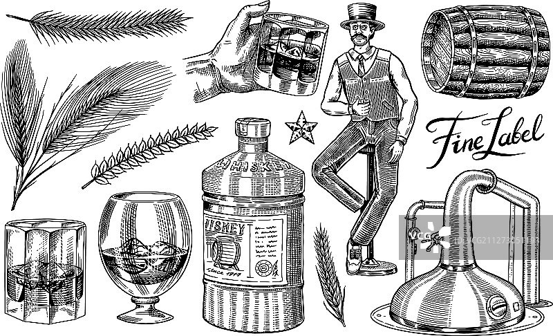 威士忌酒具套装：酒瓶、酒杯和木桶图片素材