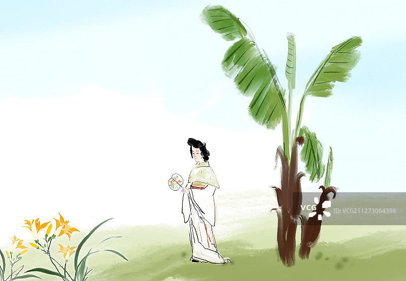 古典庭院芭蕉美人水墨风格 中国风插画图片素材