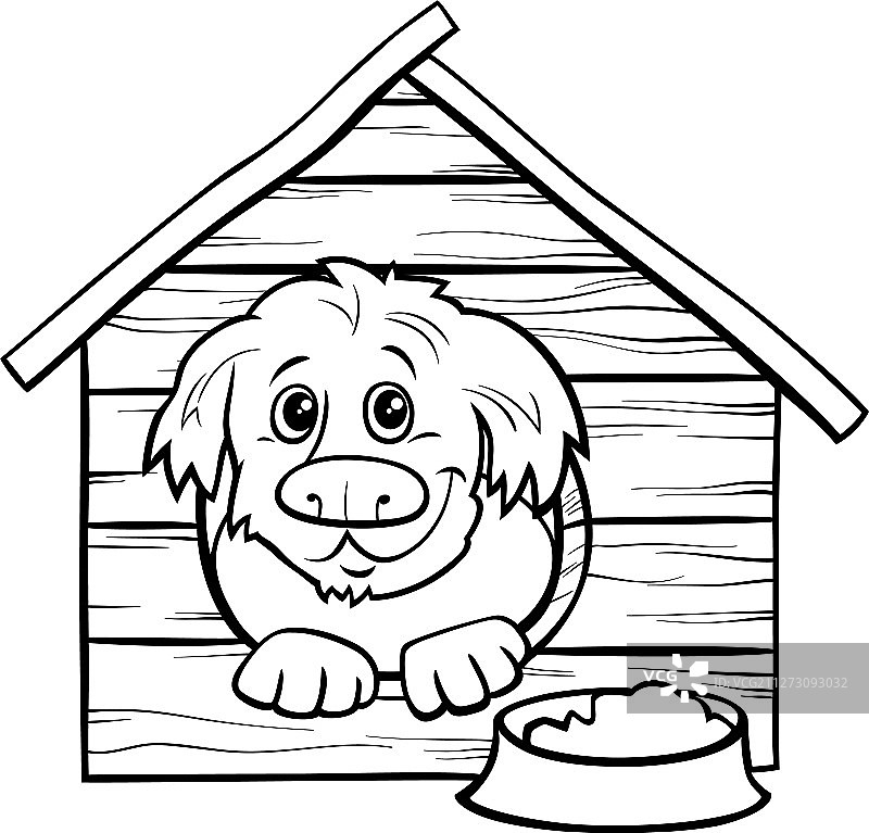 狗窝里的小狗卡通填色书图片素材